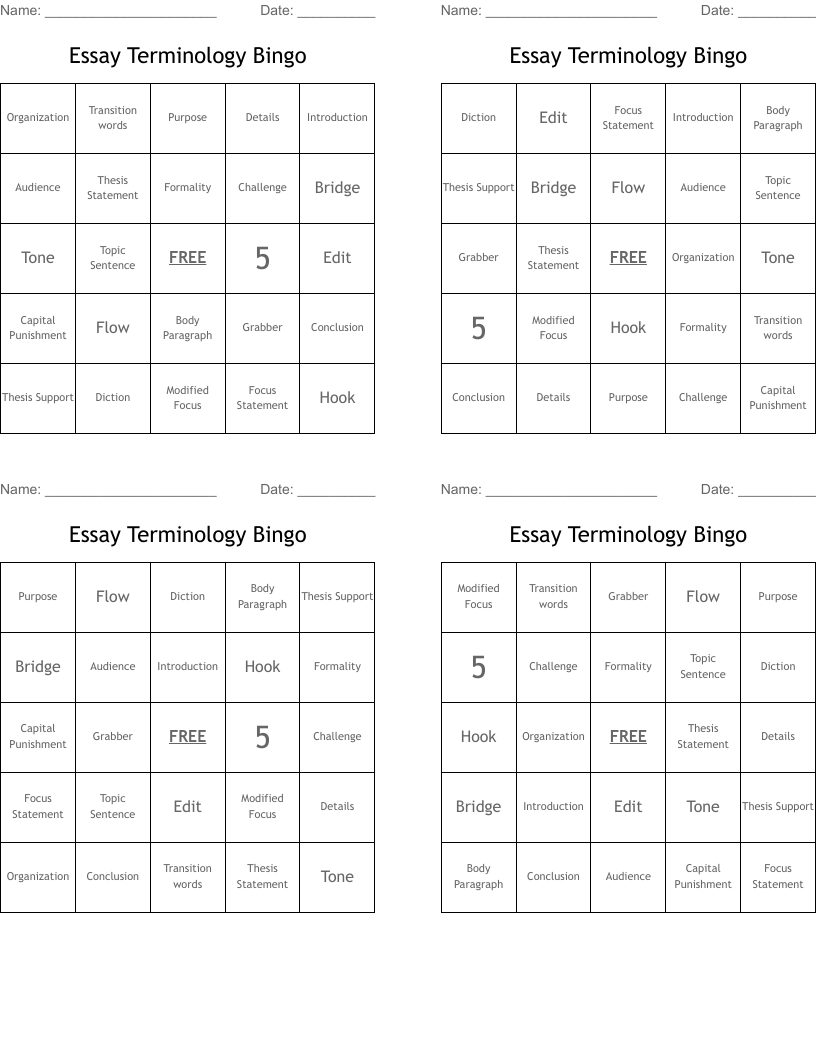 Essay Terminology Bingo