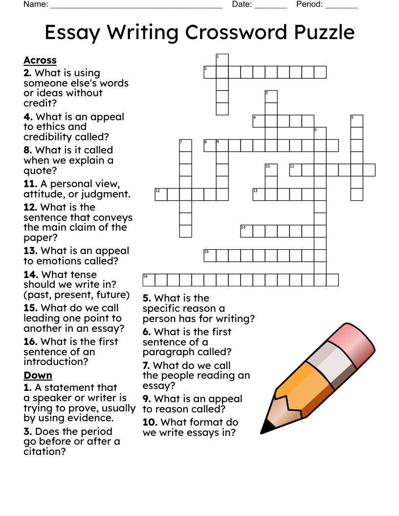 Essay Writing Crossword Puzzle 