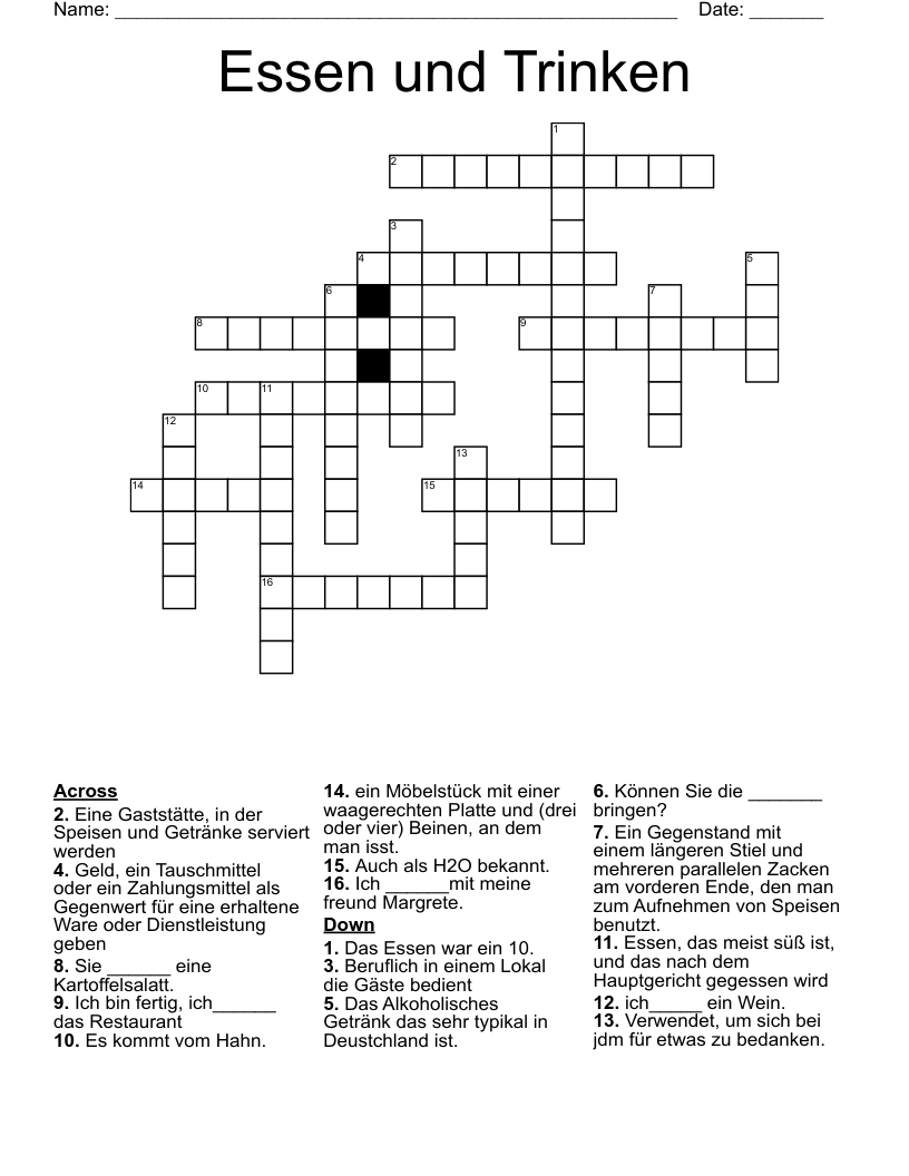 Essen und Trinken Crossword