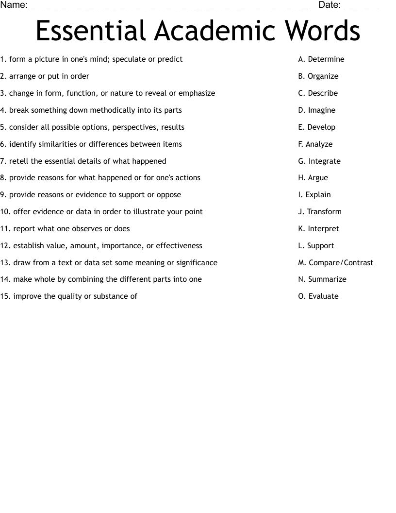 Essential Academic Words Worksheet