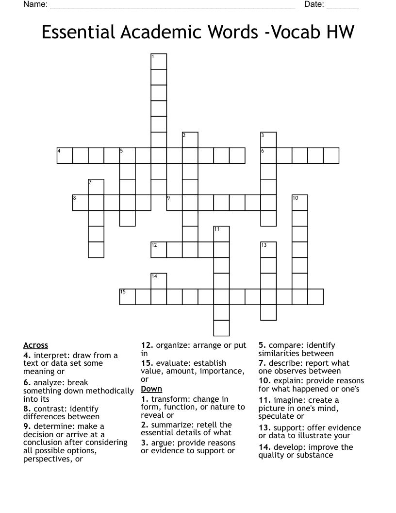 Essential Academic Words -Vocab HW Crossword