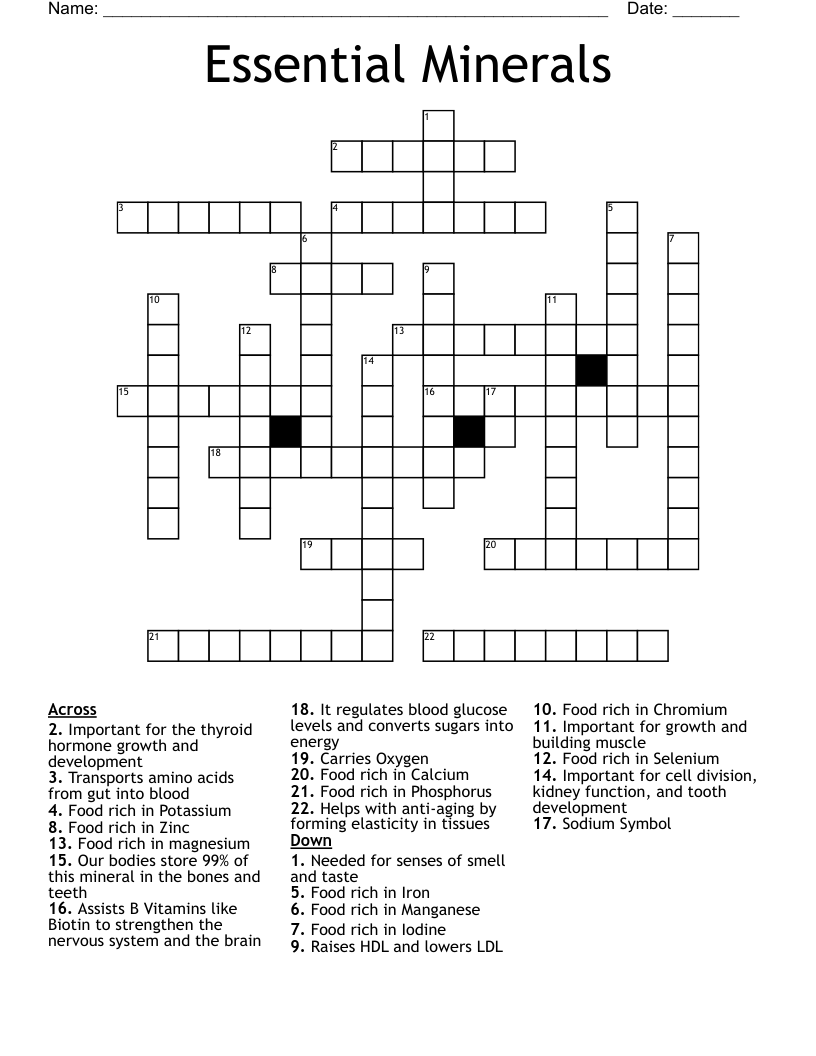 Essential Minerals Crossword
