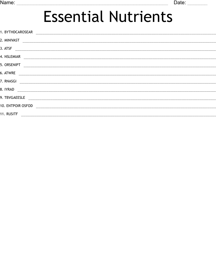 Essential Nutrients Word Scramble