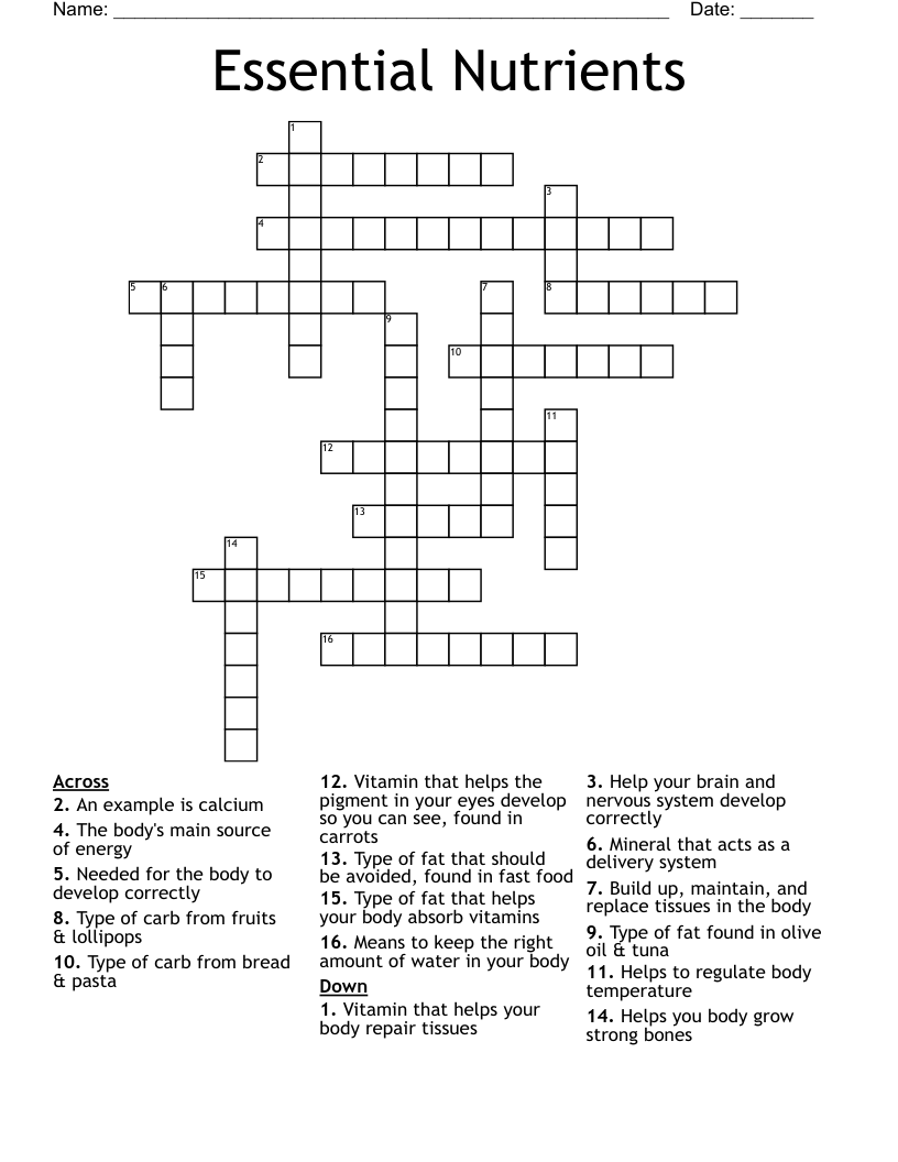 Essential Nutrients  Crossword