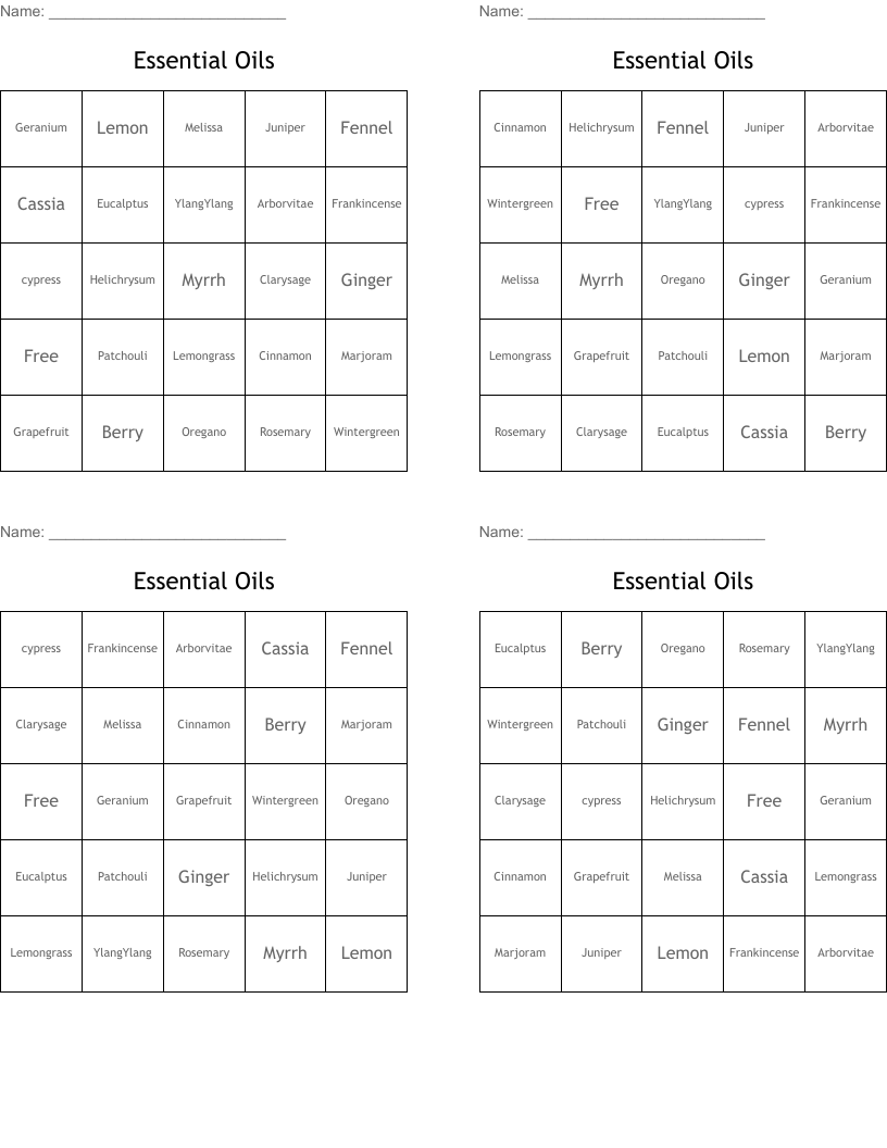 Essential Oils Bingo Cards