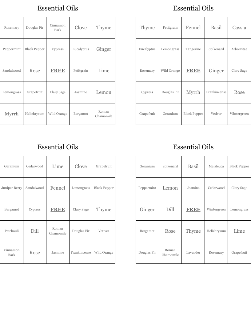 Essential Oils Bingo Cards