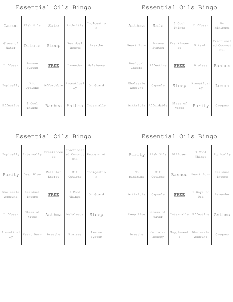 Essential Oils Bingo