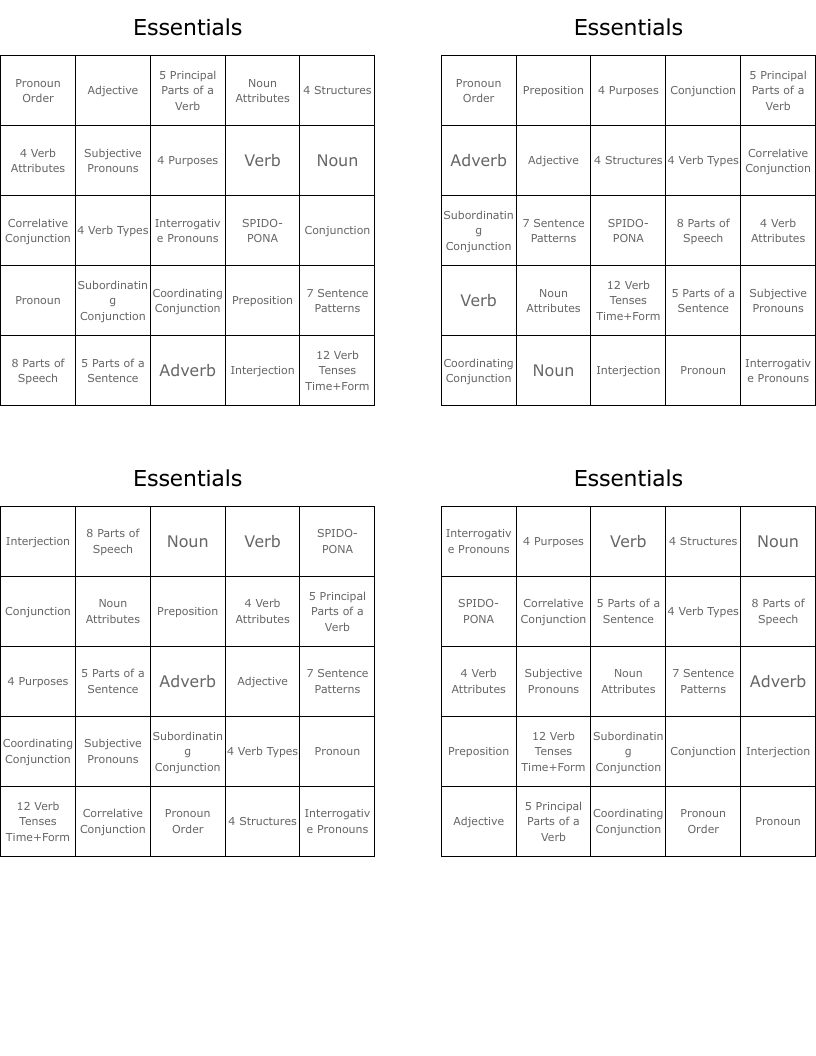 Essentials Bingo Cards