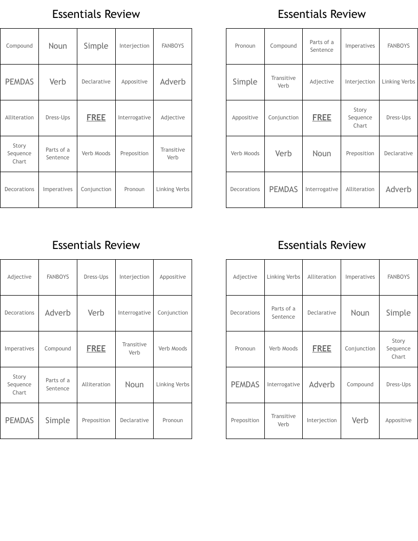Essentials Review Bingo Cards