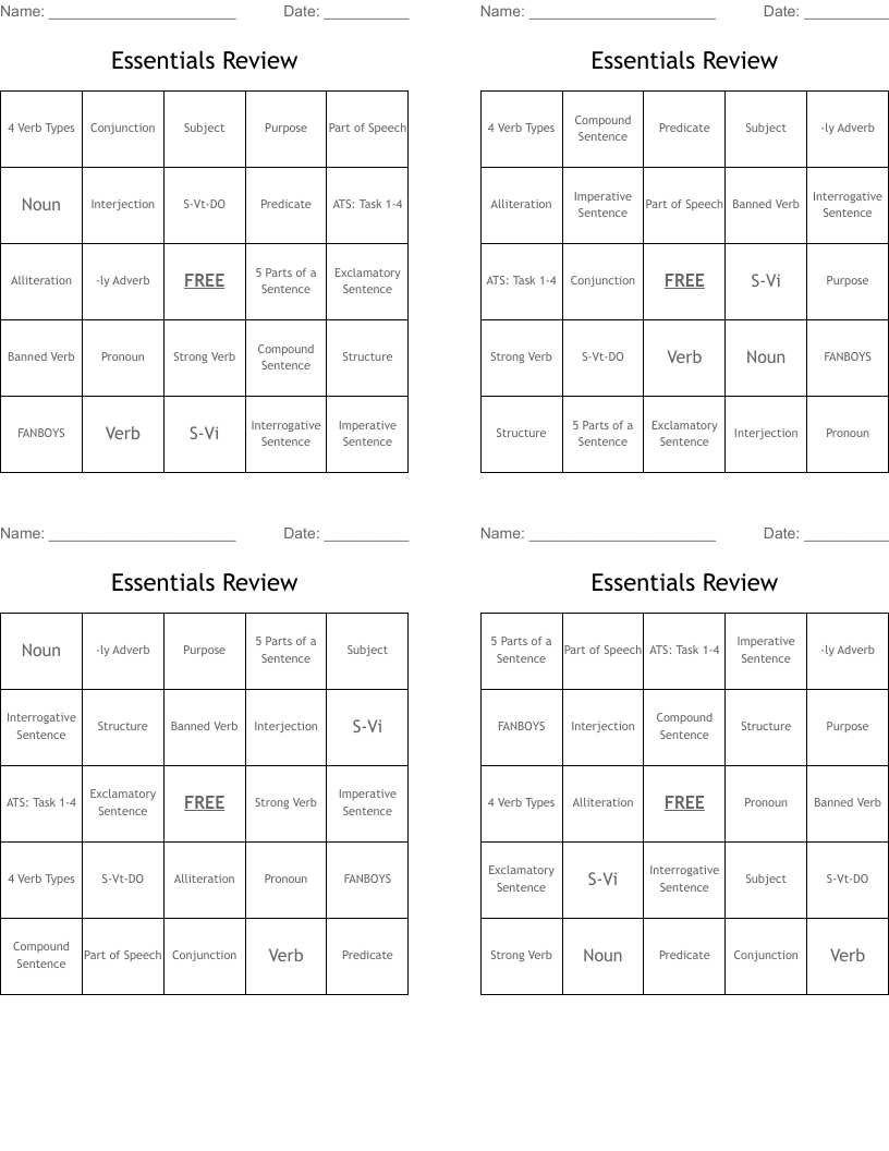 Essentials Review Bingo Cards