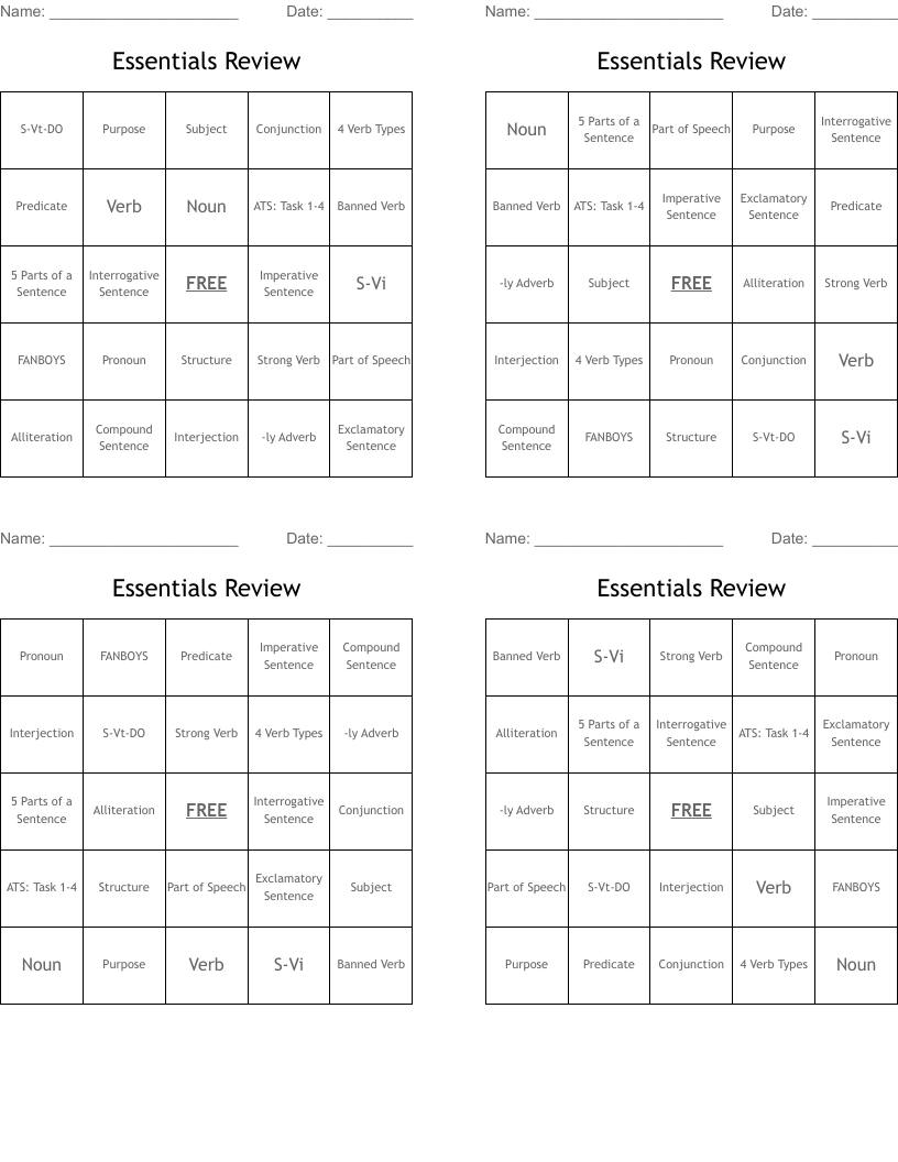 Essentials Review Bingo Cards