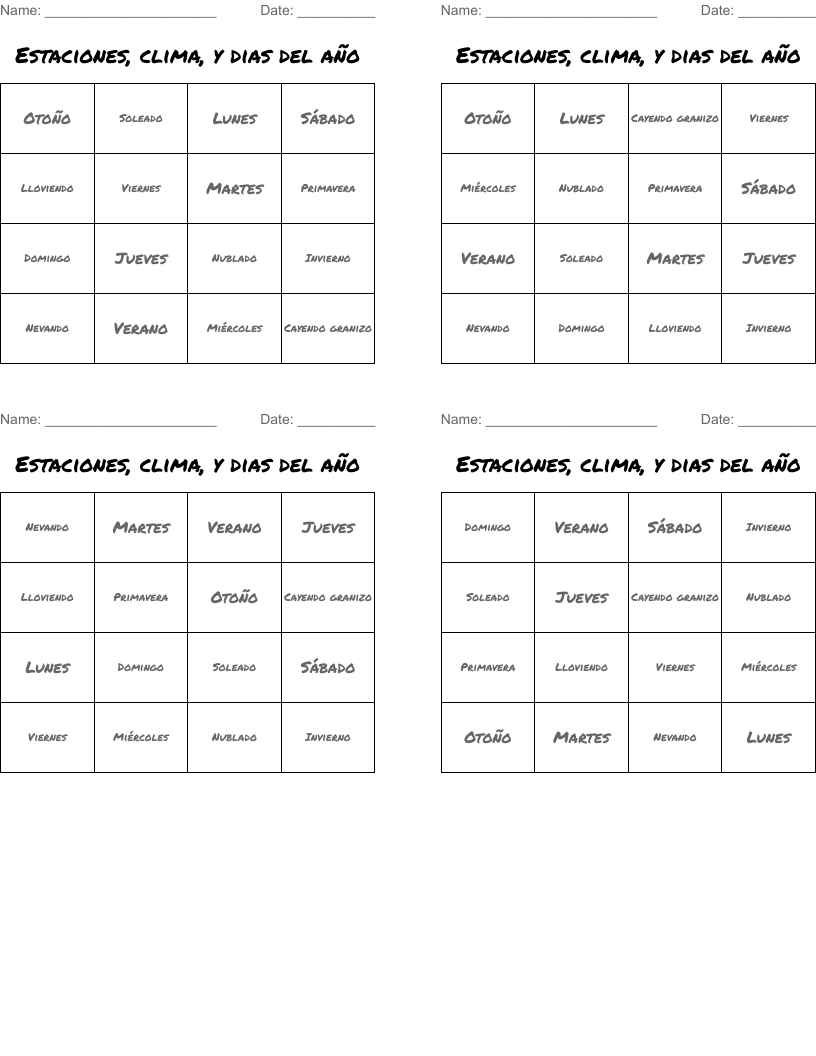 Estaciones, clima,  y dias del año Bingo Cards