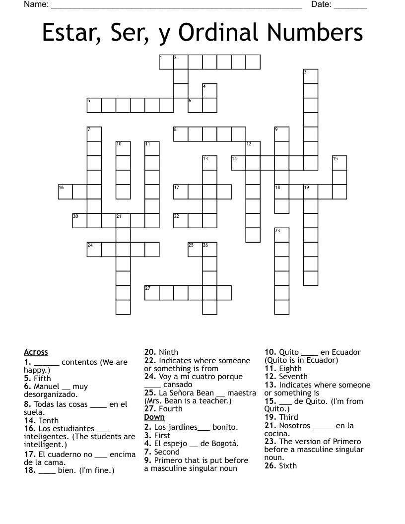 Estar, Ser, y Ordinal Numbers Crossword