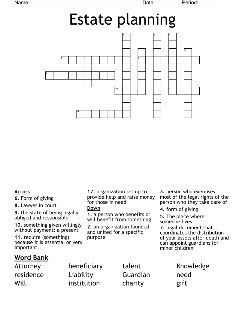 Estate planning Crossword