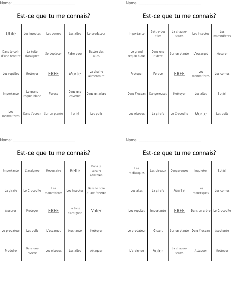 Est-ce que tu me connais? Bingo Cards