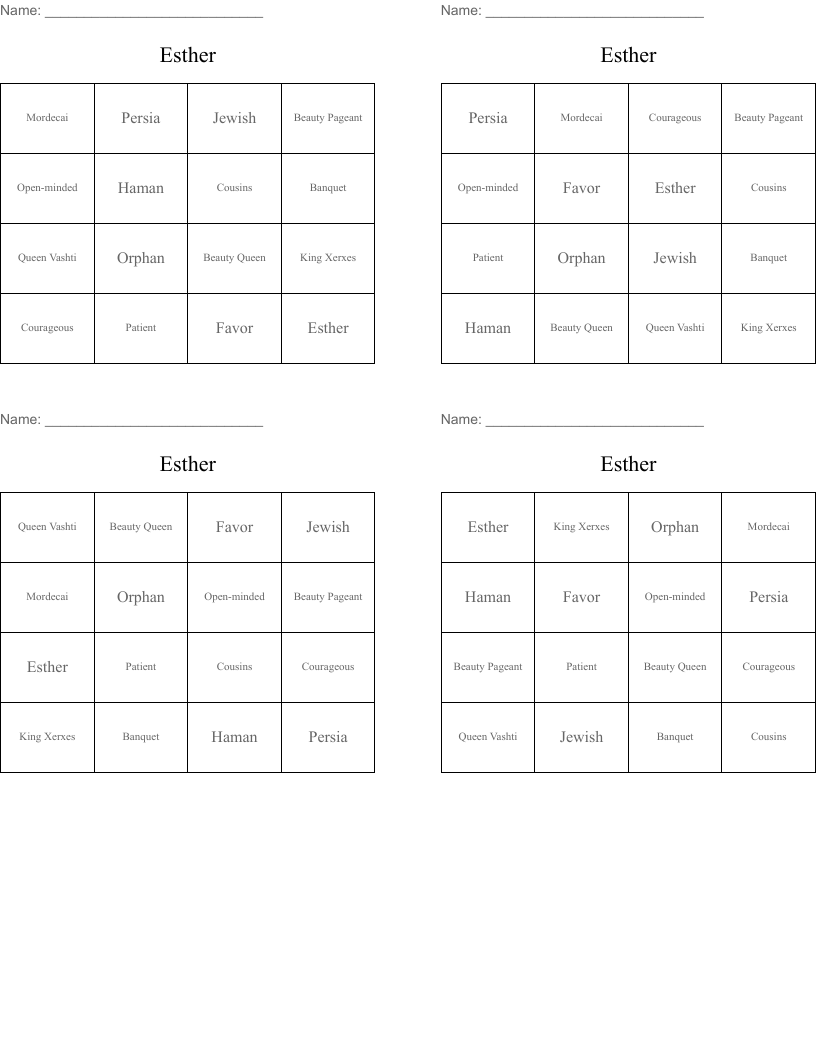 Esther Bingo Cards