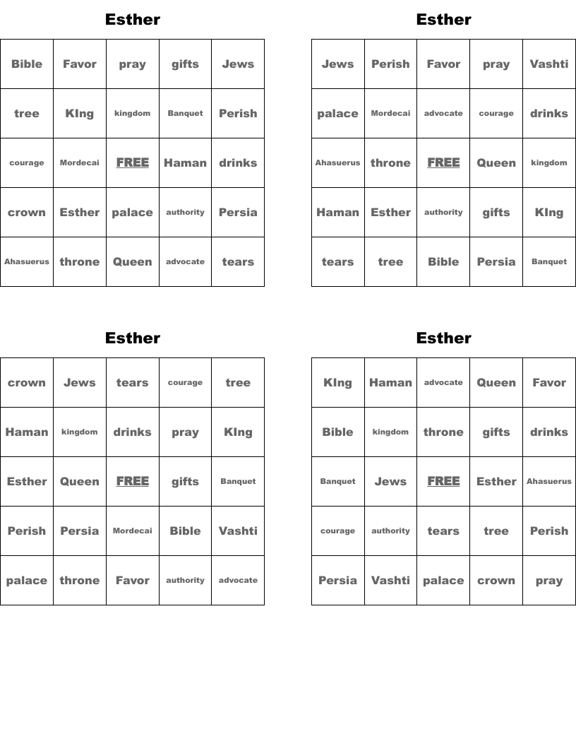 Esther Bingo Cards