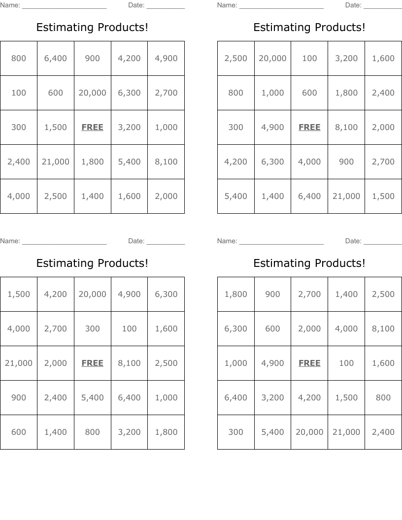 Estimating Products! Bingo Cards