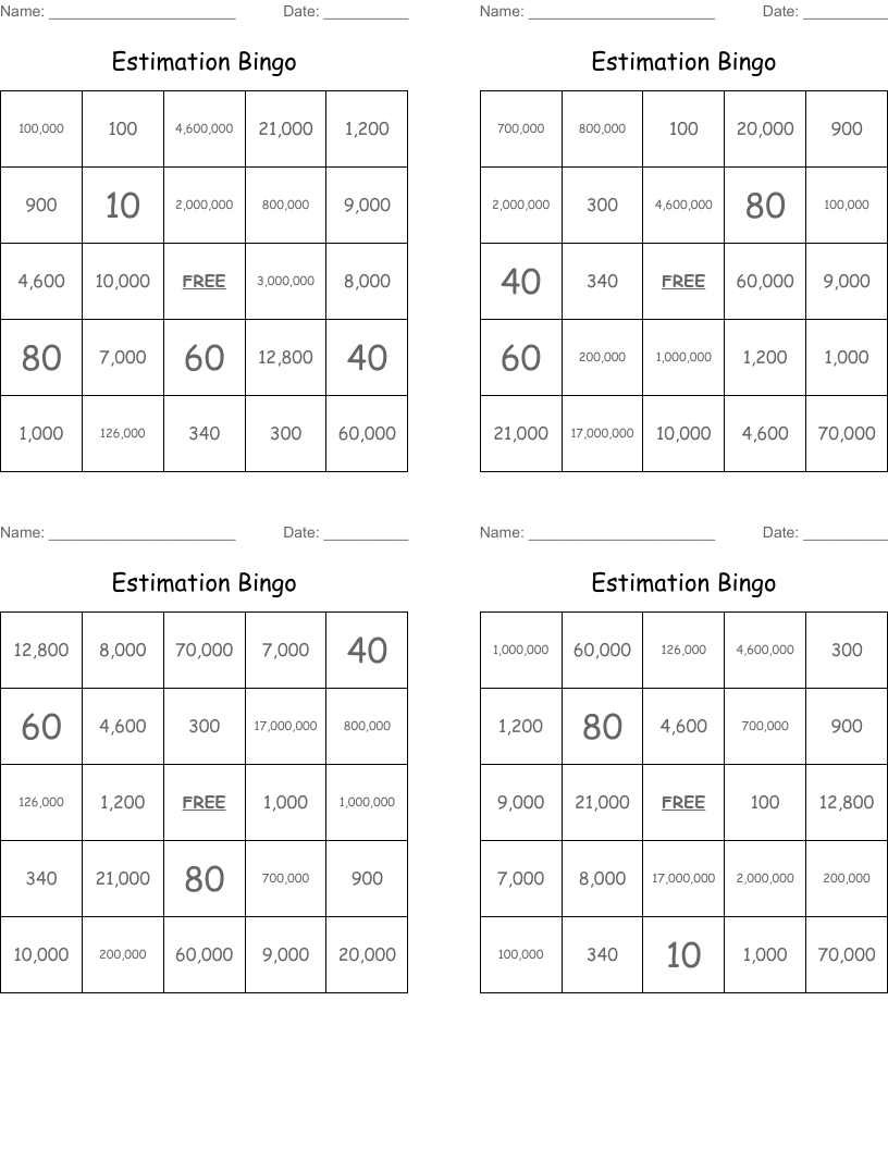 Estimation Bingo