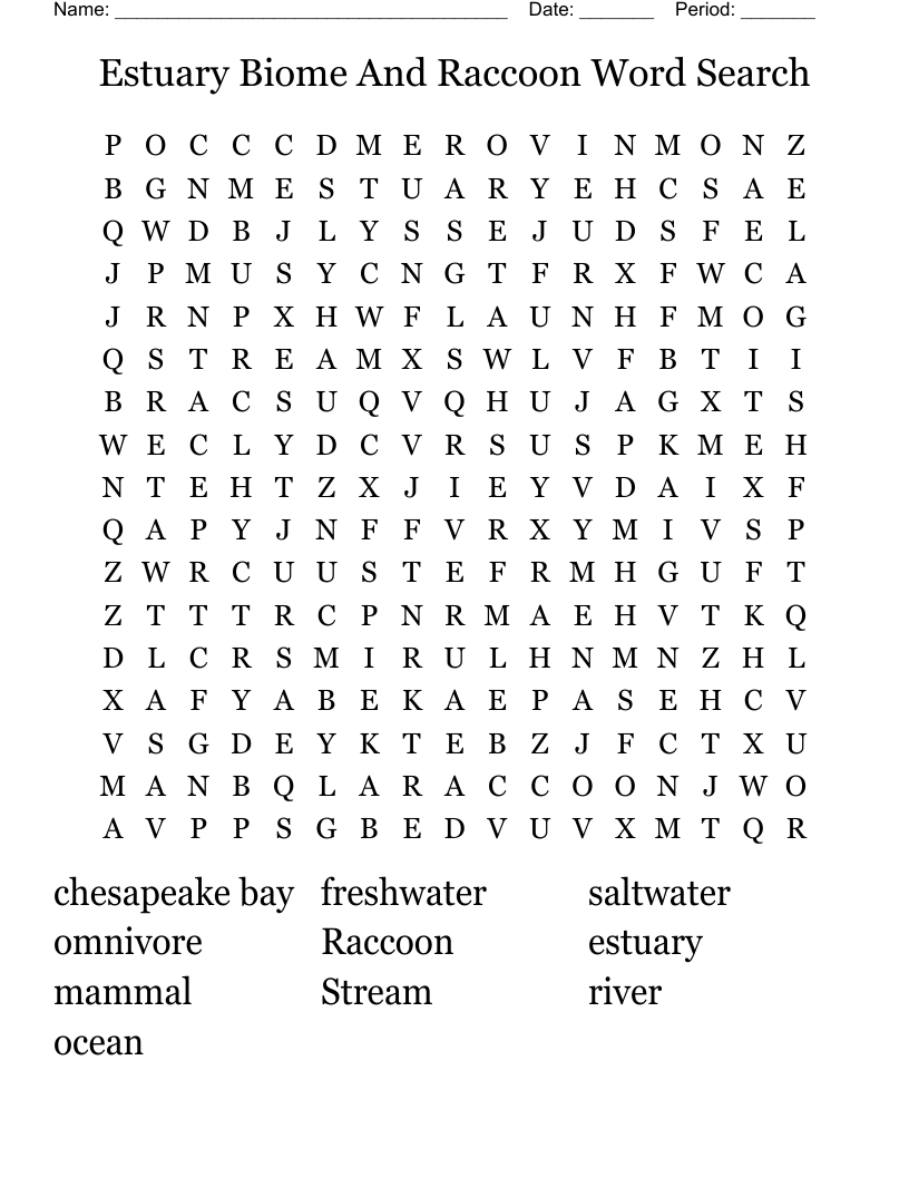 Estuary Biome And Raccoon Word Search 