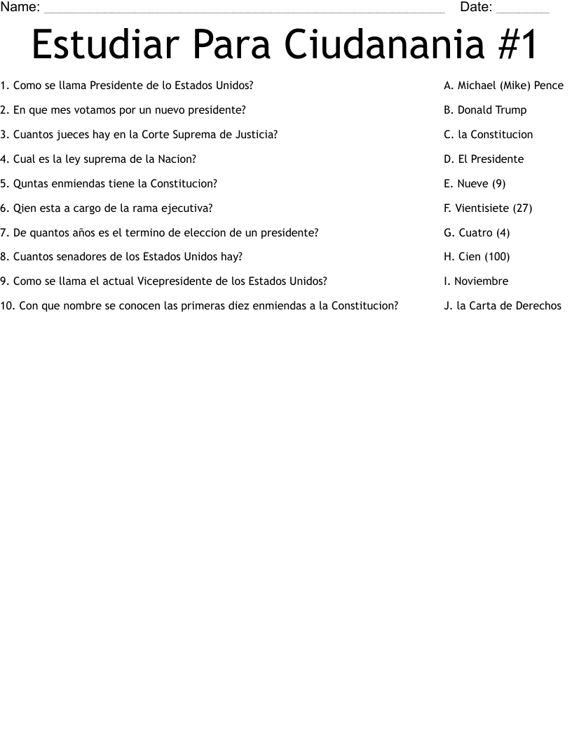 Estudiar Para Ciudanania #1 Worksheet