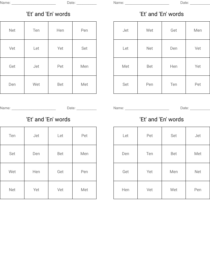'Et' and 'En' words Bingo Cards