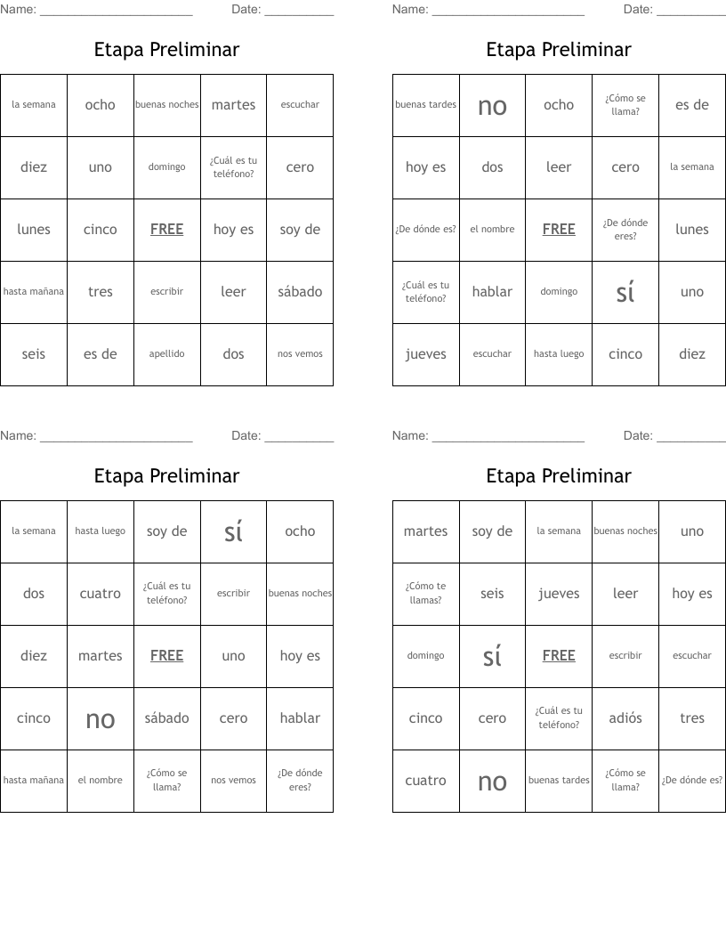 Etapa Preliminar Bingo Cards