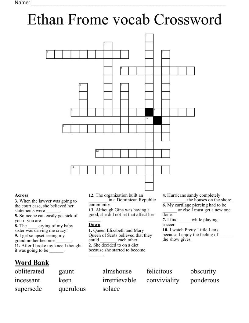 Ethan Frome vocab Crossword