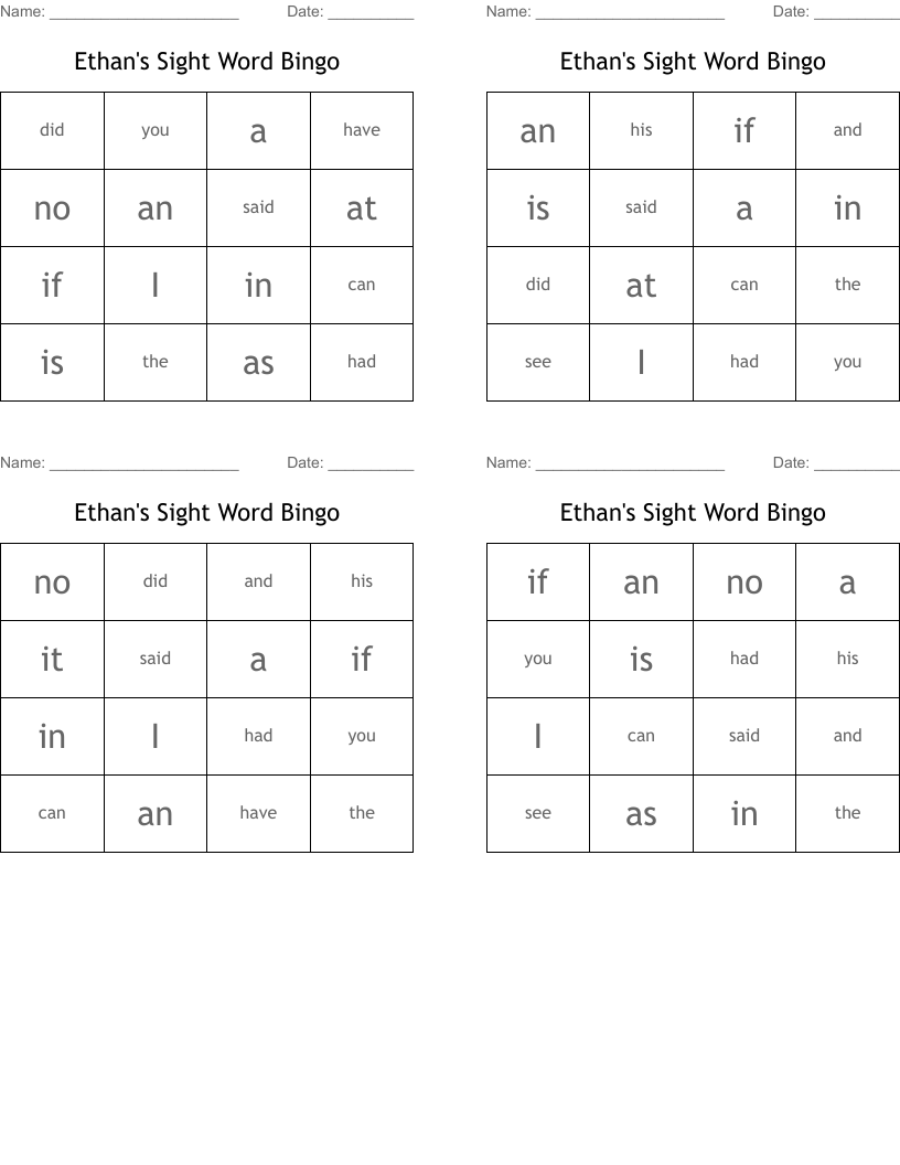 Ethan's Sight Word Bingo