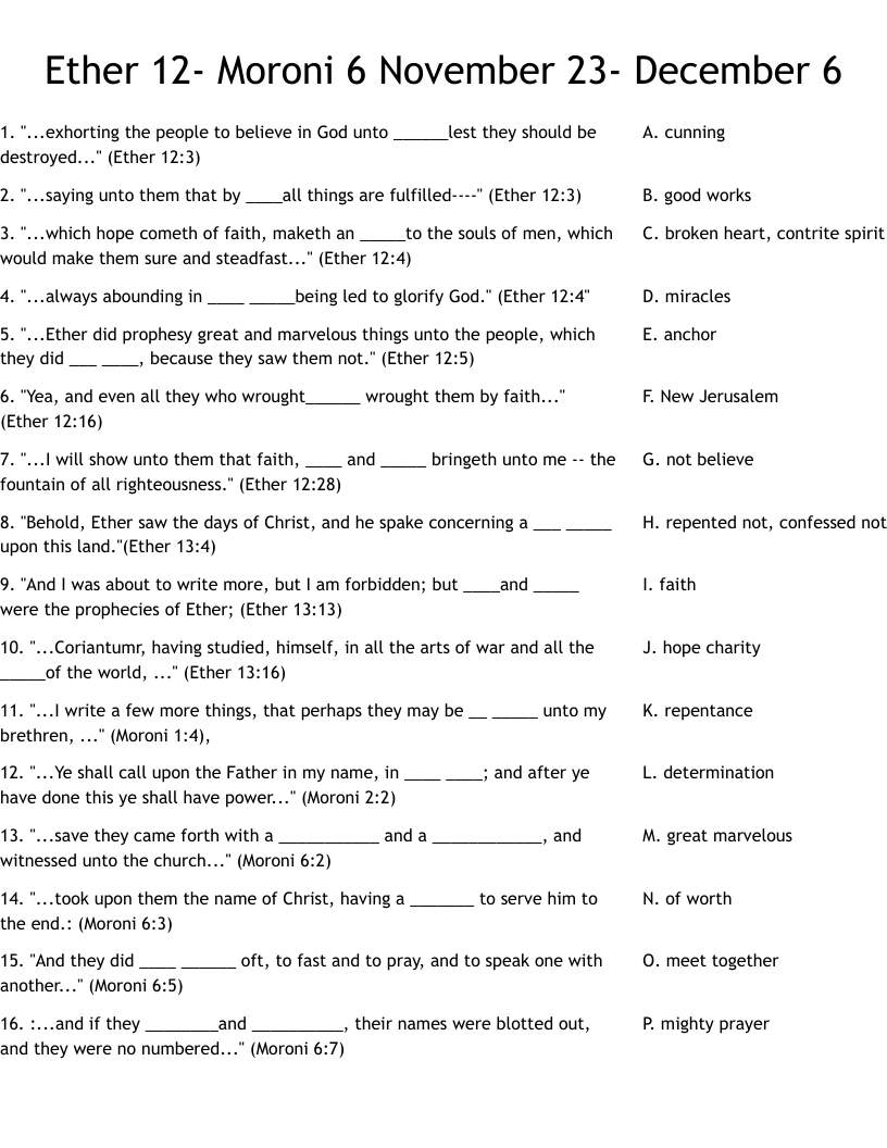 Ether 12- Moroni 6 November 23- December 6 Worksheet