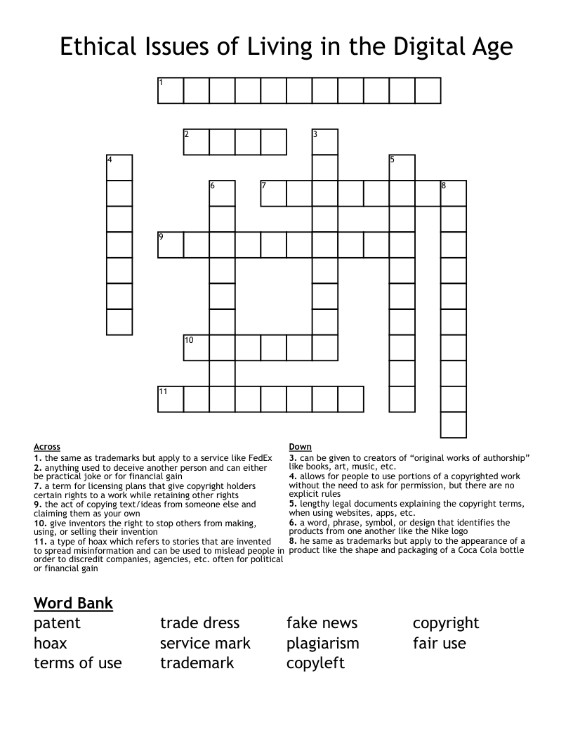 Ethical Issues of Living in the Digital Age Crossword