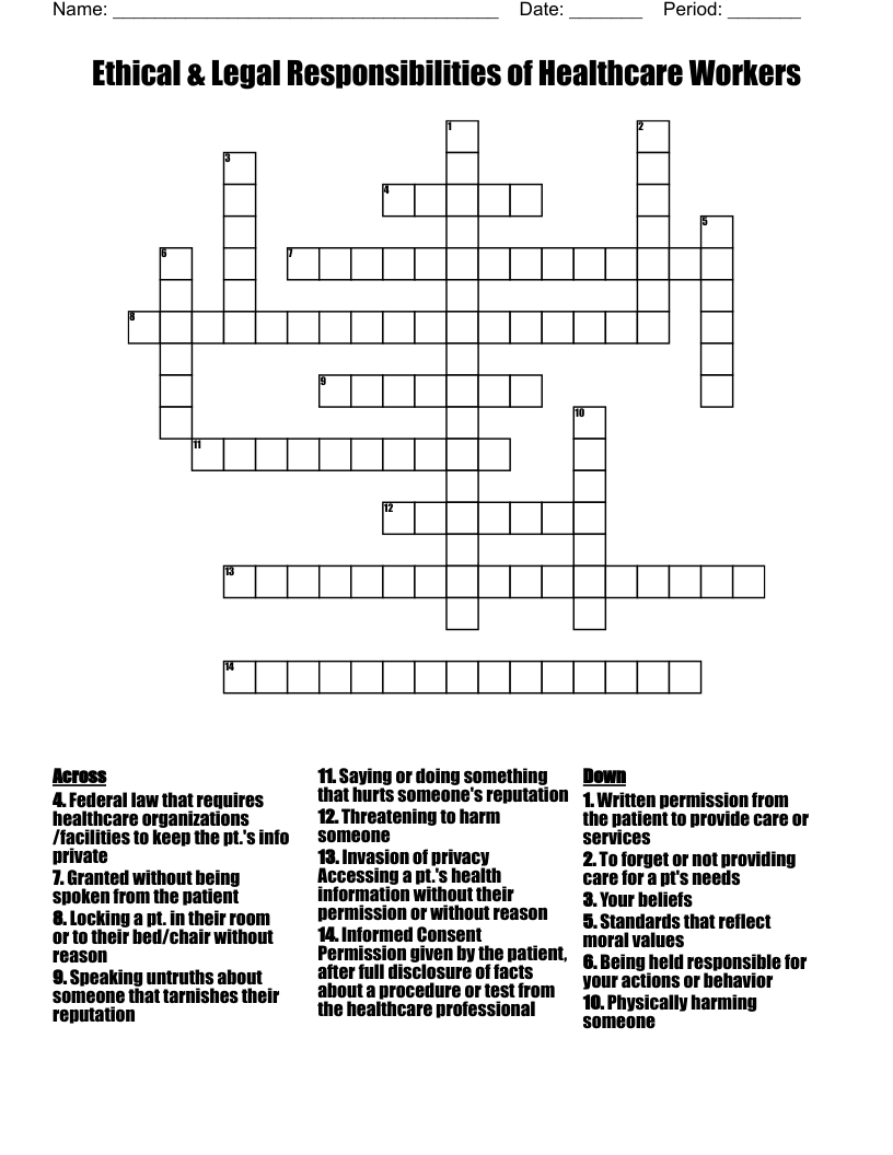 Ethical & Legal Responsibilities of Healthcare Workers Crossword
