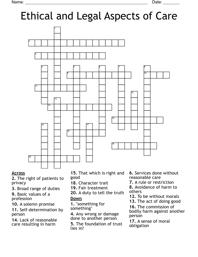 Ethical and Legal Aspects of Care Crossword