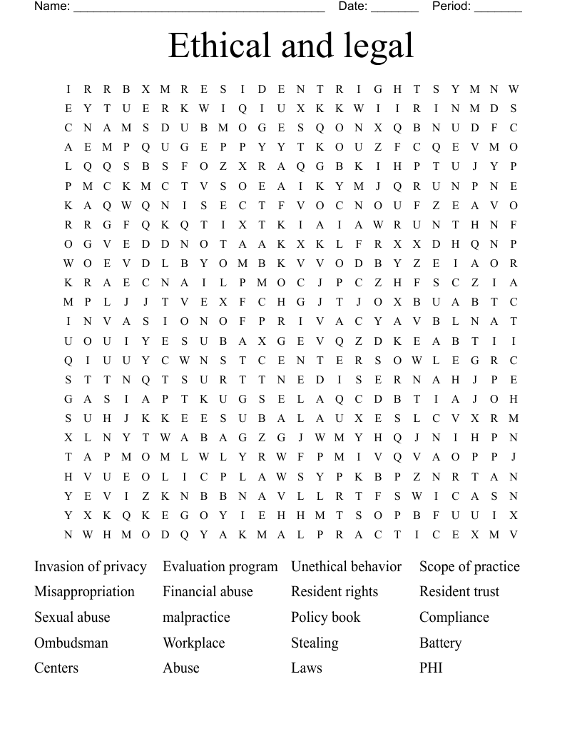 Ethical and legal  Word Search