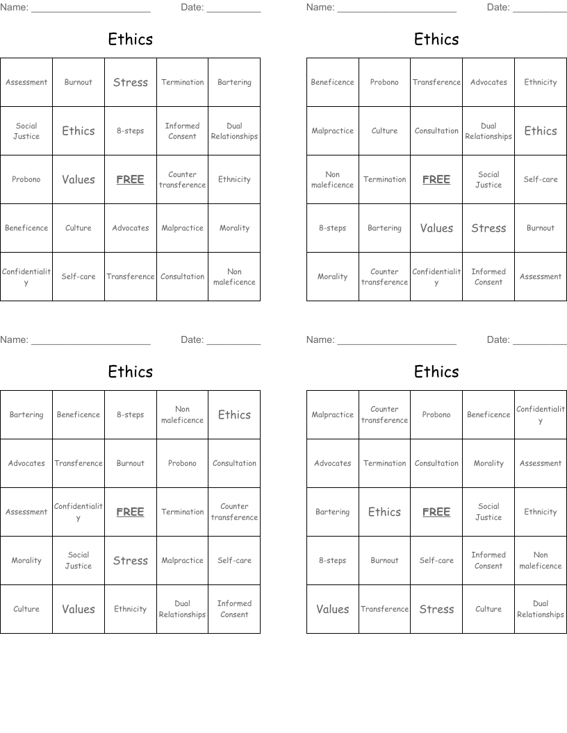 Ethics Bingo Cards
