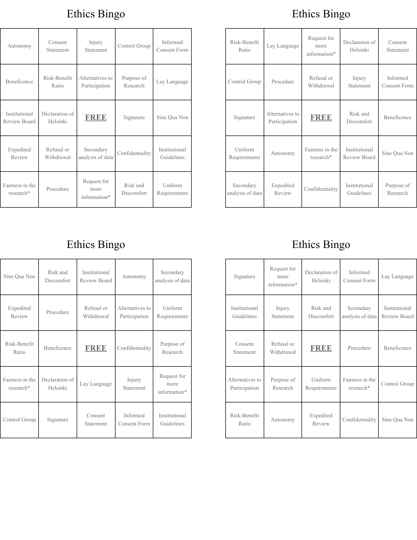 Ethics Bingo