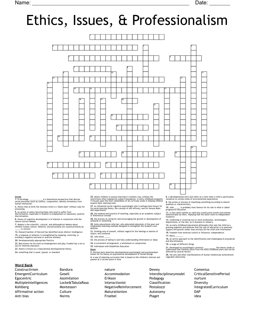 Ethics, Issues, & Professionalism Crossword