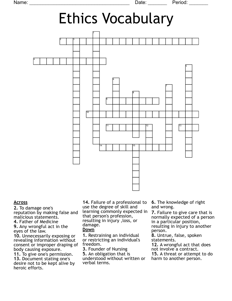 Ethics Vocabulary Crossword