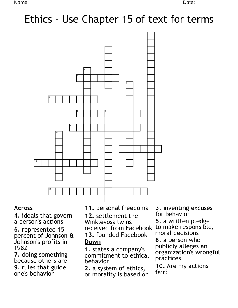 Ethics - Use Chapter 15 of text for terms Crossword