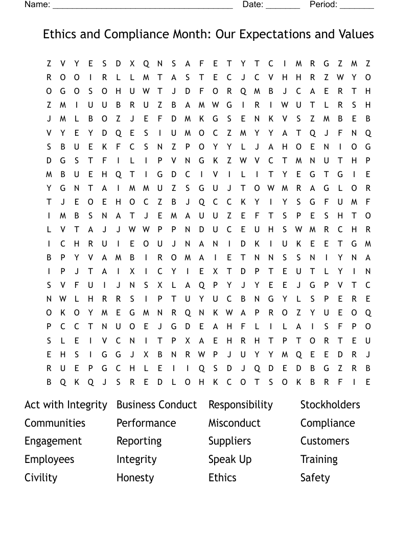 Ethics and Compliance Month: Our Expectations and Values Word Search