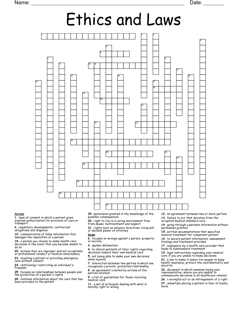 Ethics and Laws Crossword