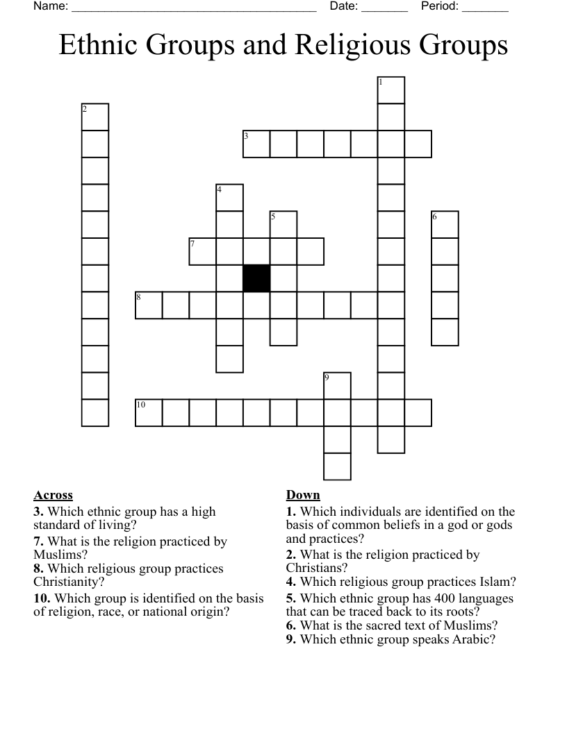 Ethnic Groups and Religious Groups Crossword