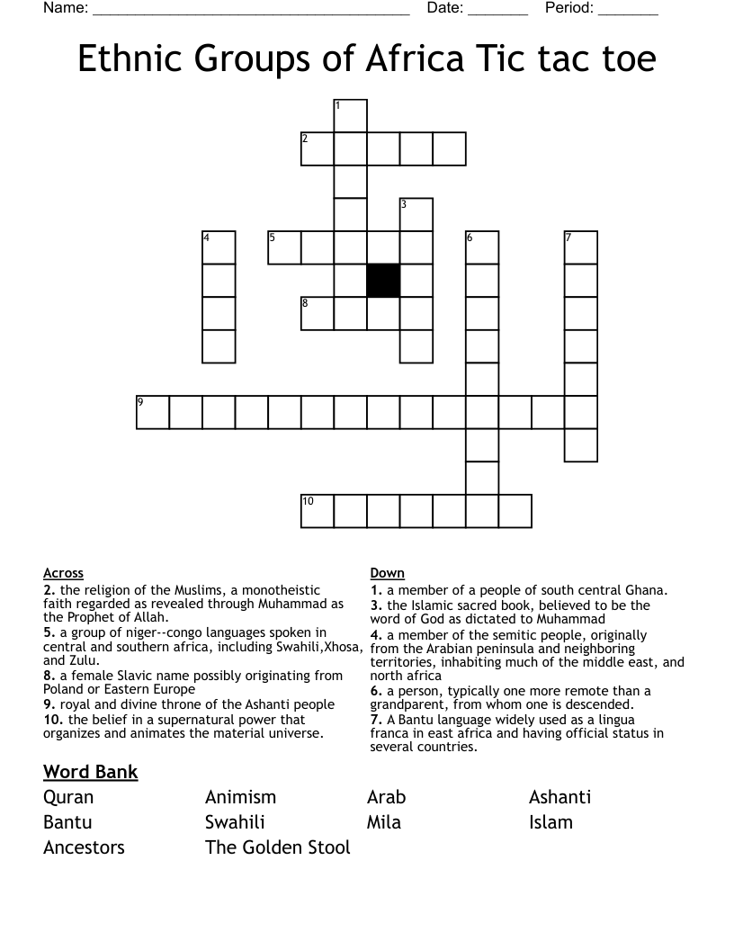 Ethnic Groups of Africa Tic tac toe Crossword