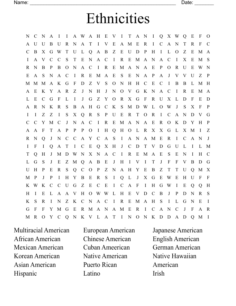 Ethnicities Word Search