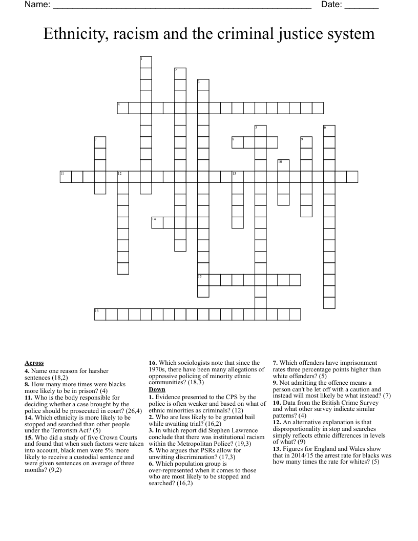 Ethnicity, racism and the criminal justice system Crossword