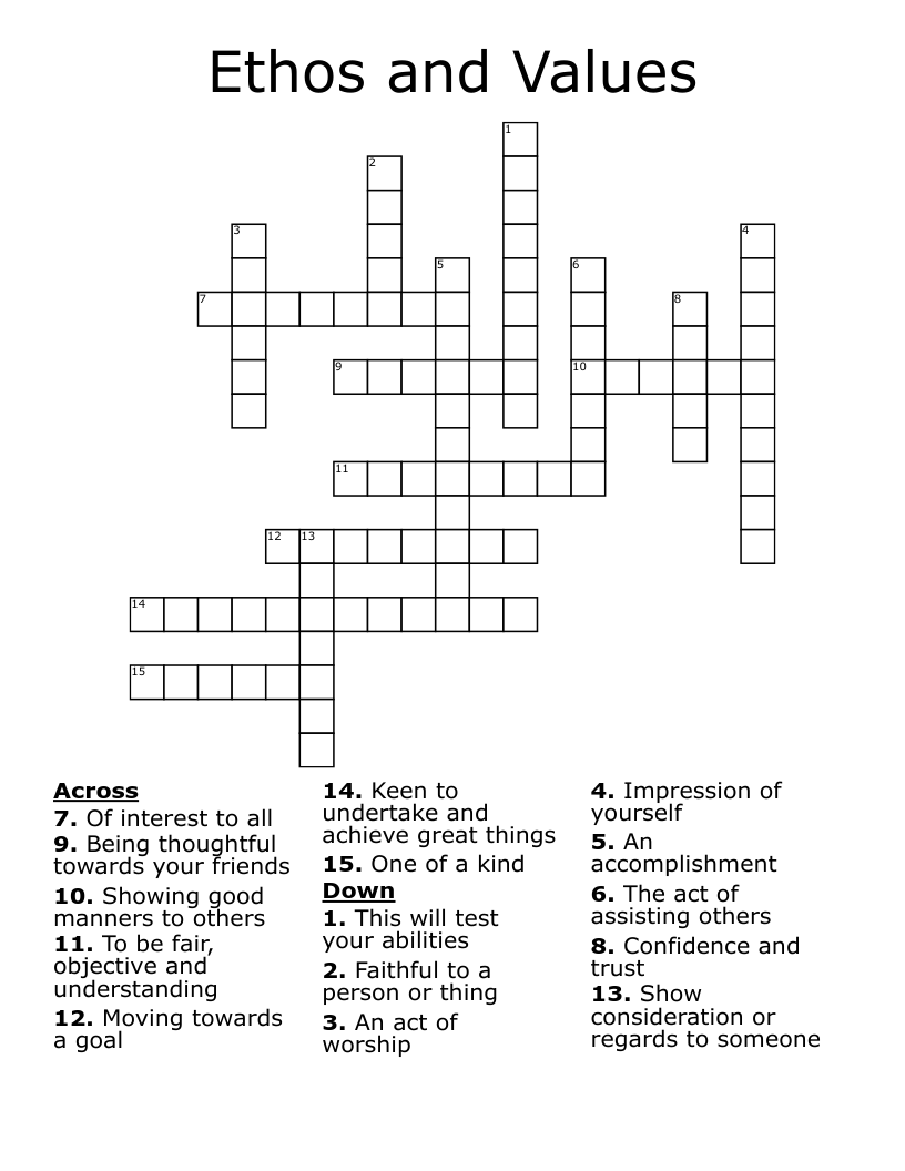 Ethos and Values  Crossword