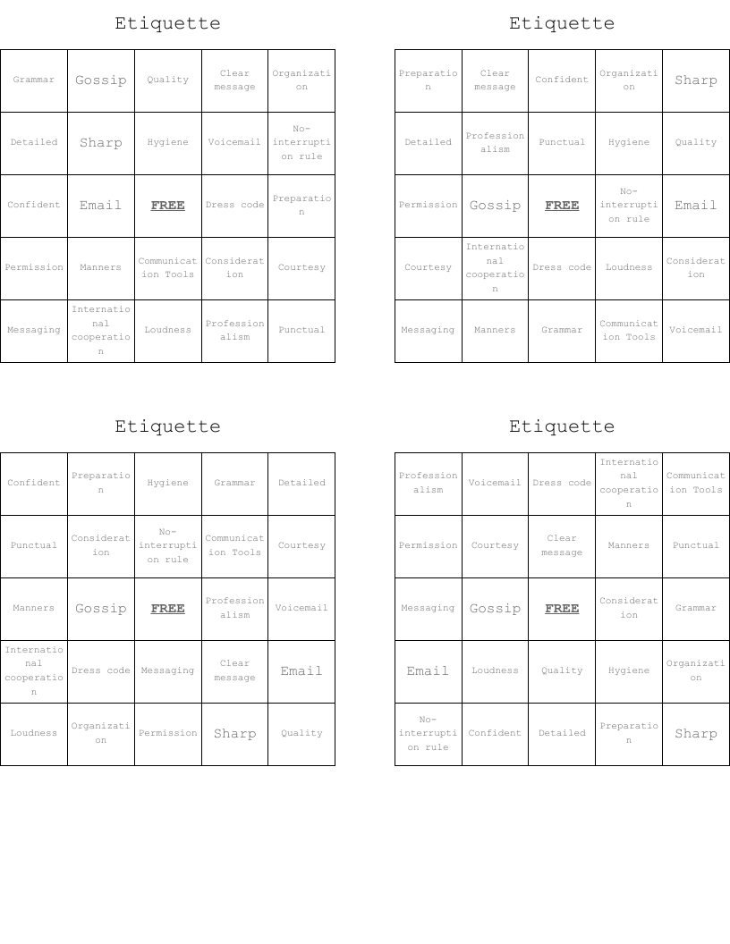 Etiquette Bingo Cards