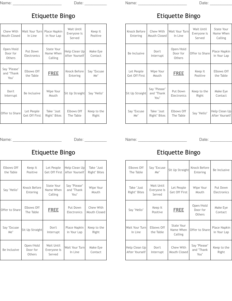 Etiquette Bingo