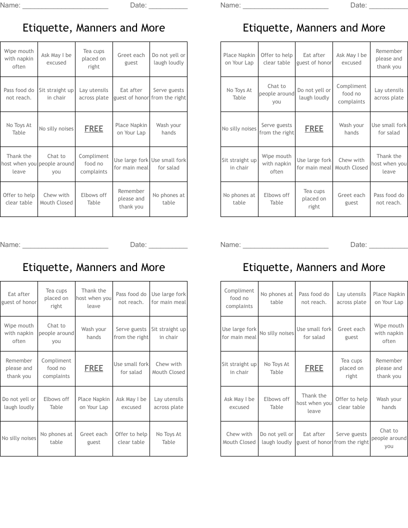 Etiquette, Manners and More Bingo Cards