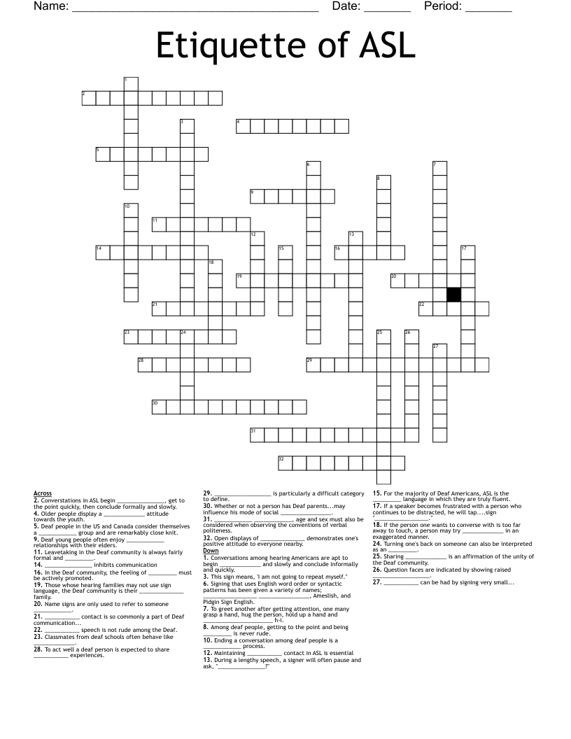 Etiquette of ASL Crossword